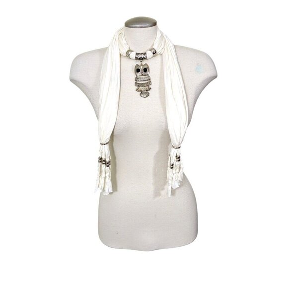 Owl Pendant Cotton Scarf Charm Neck Wrap White Fringe Tassel Fall Accessory Fun - Picture 1 of 3